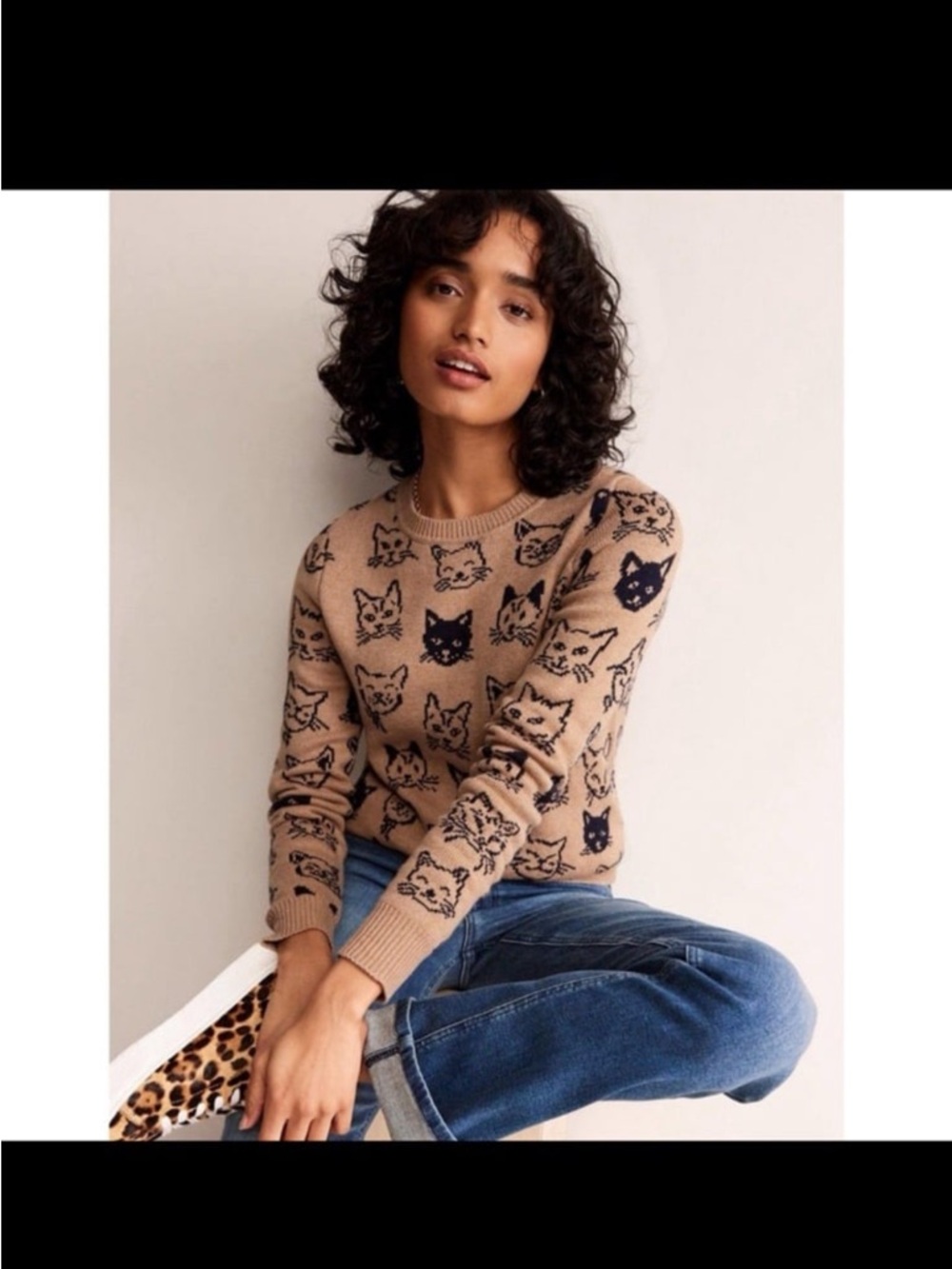 BODEN Novelty Cat Face Knit Pullover Sweater Tan / Black Womens Size Medium